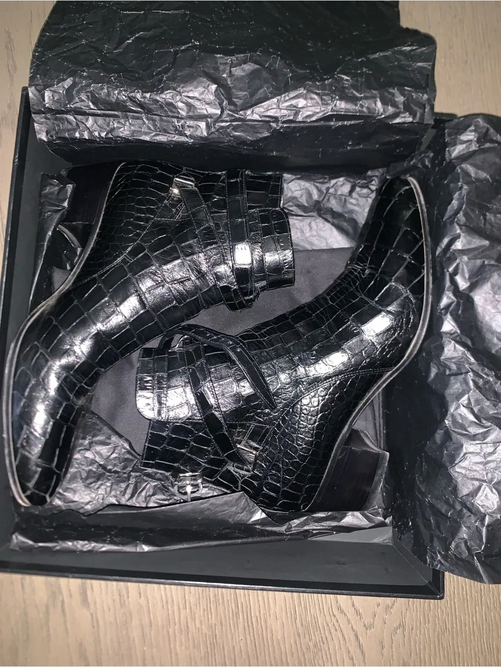 Saint Laurent Black Croc-Embossed Ankle Boots